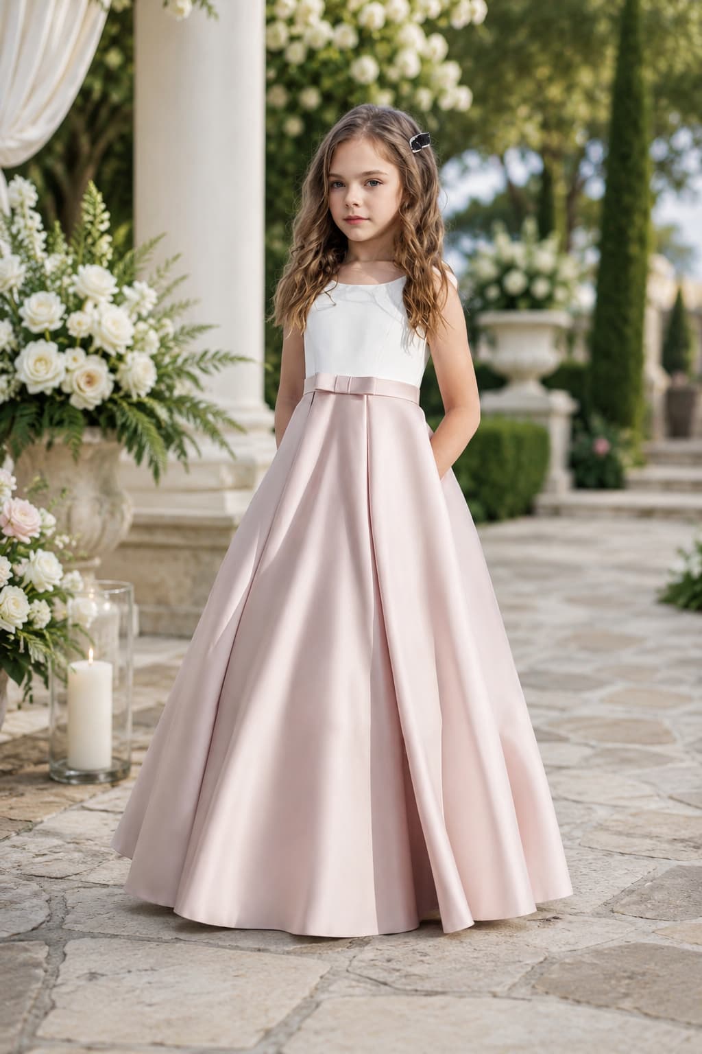 Flower Girl Dresses Satin V-Back Bow Straps Floor Length Wedding Gown 1058875849330