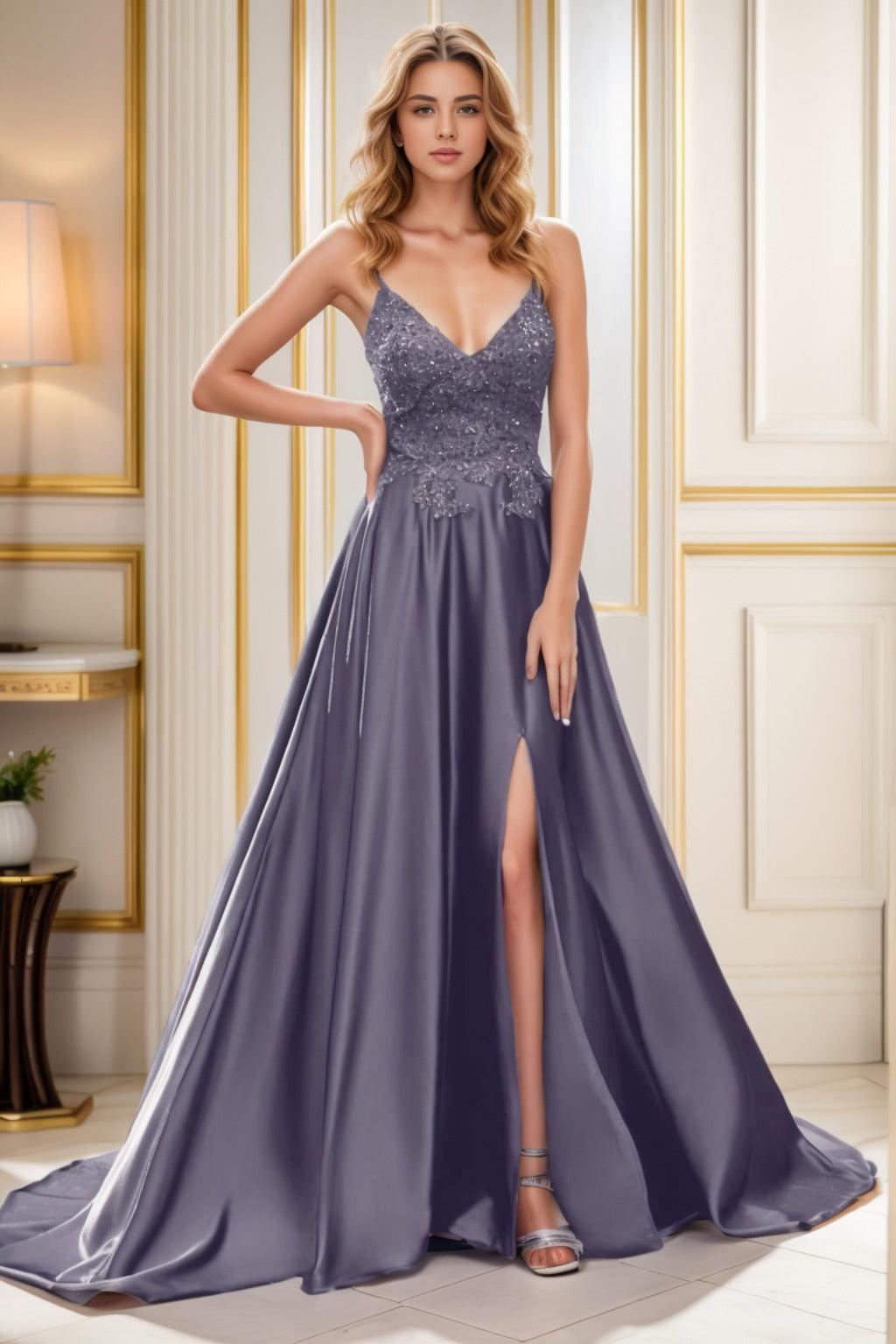 A-Line Court Train Satin Prom Dress CS0460 - COCOMELODY
