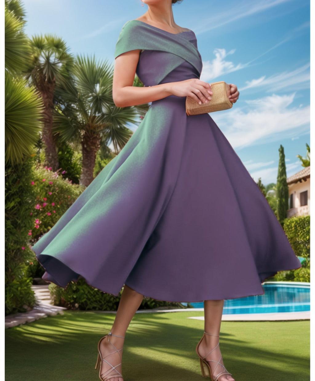 A-Line Tea Length Satin Prom Dress CS0455 - COCOMELODY