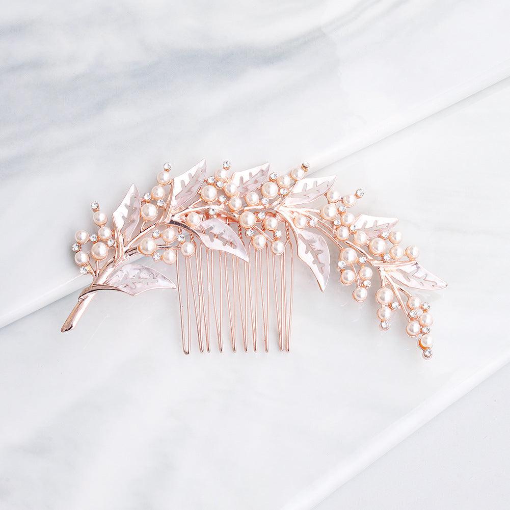 INS style bridal bridal headpiece alloy hollow leaf hair comb Pearl rhinestone disc hair insert comb 597016876018 - COCOMELODY
