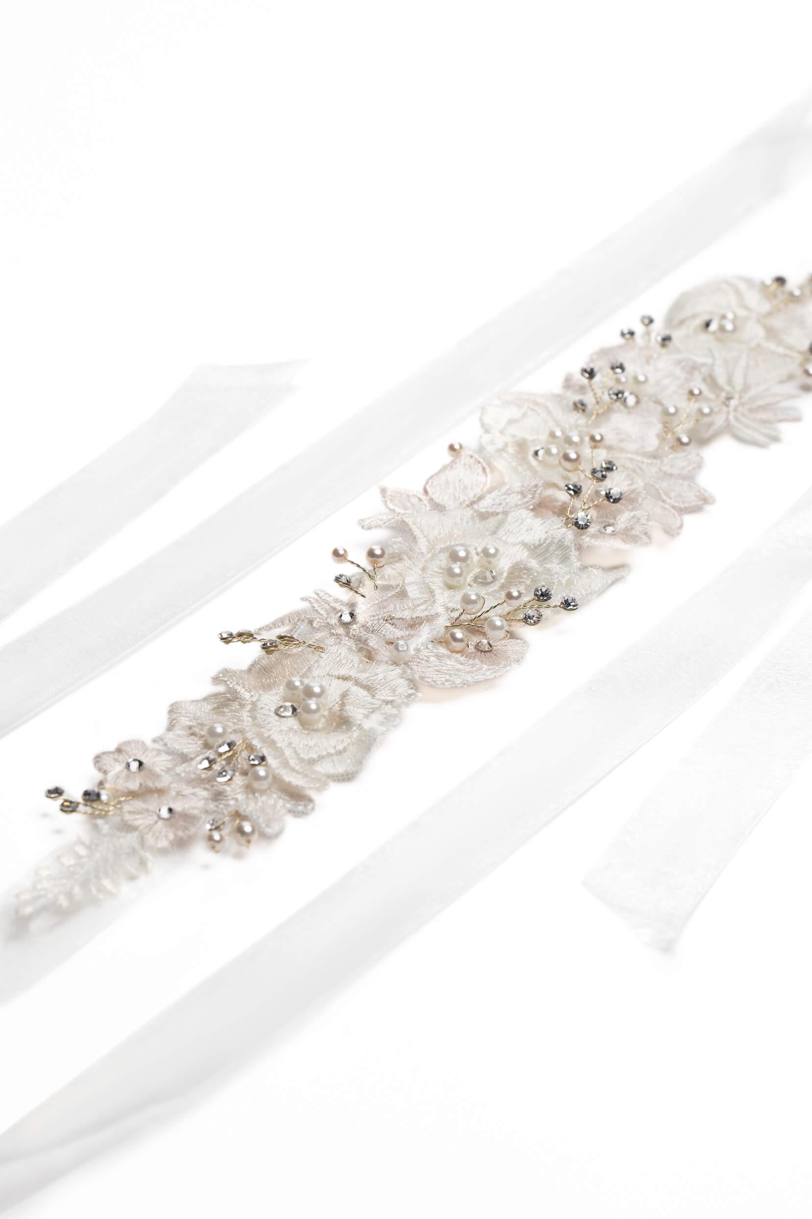Tulle Wedding Sash With Rhinestone Imitation Pearl and Lace CC0076 - COCOMELODY