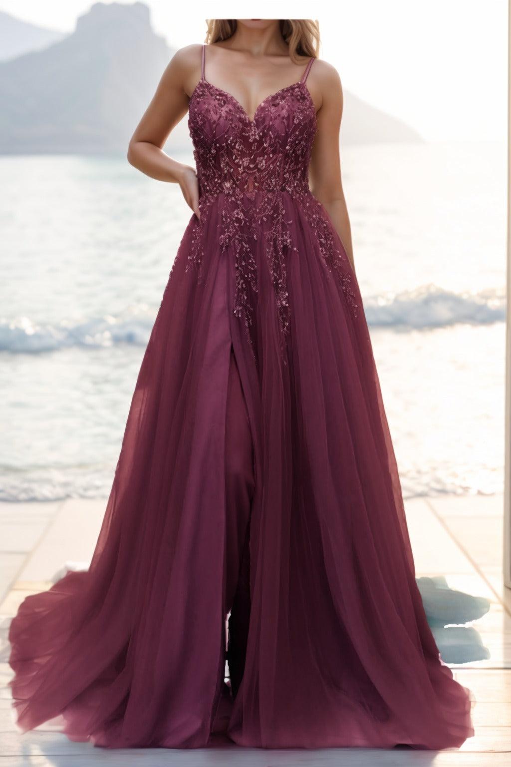 A-line Sweep-Brush Train Tulle Prom Dress CS0402 - COCOMELODY
