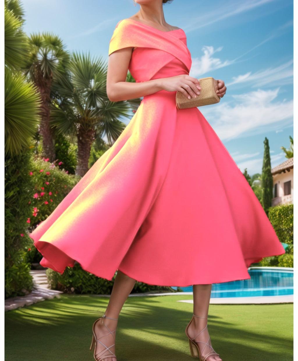 A-Line Tea Length Satin Prom Dress CS0455 - COCOMELODY