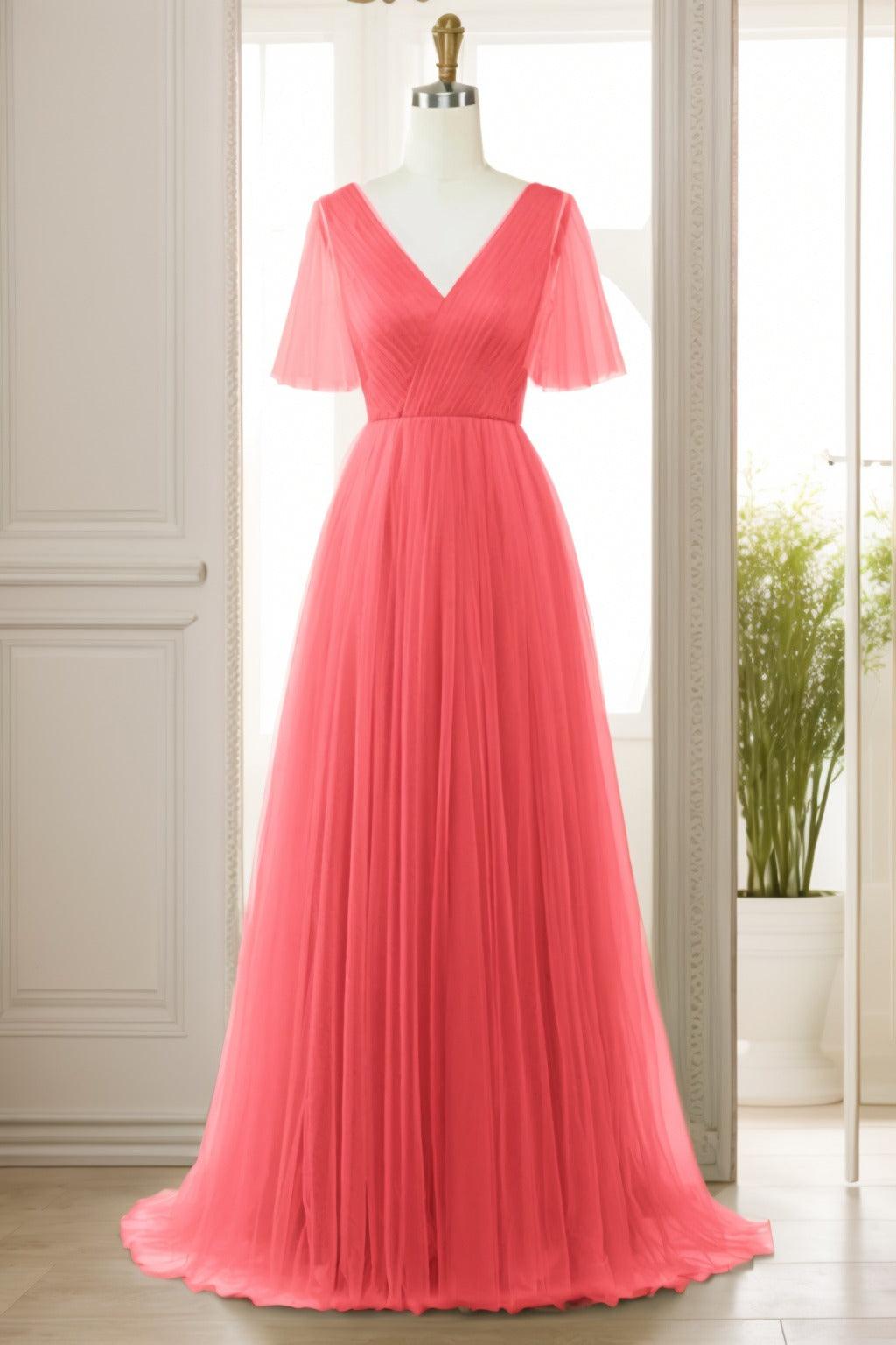 A-Line Sweep-Brush Train Tulle Prom Dress CS0472 - COCOMELODY