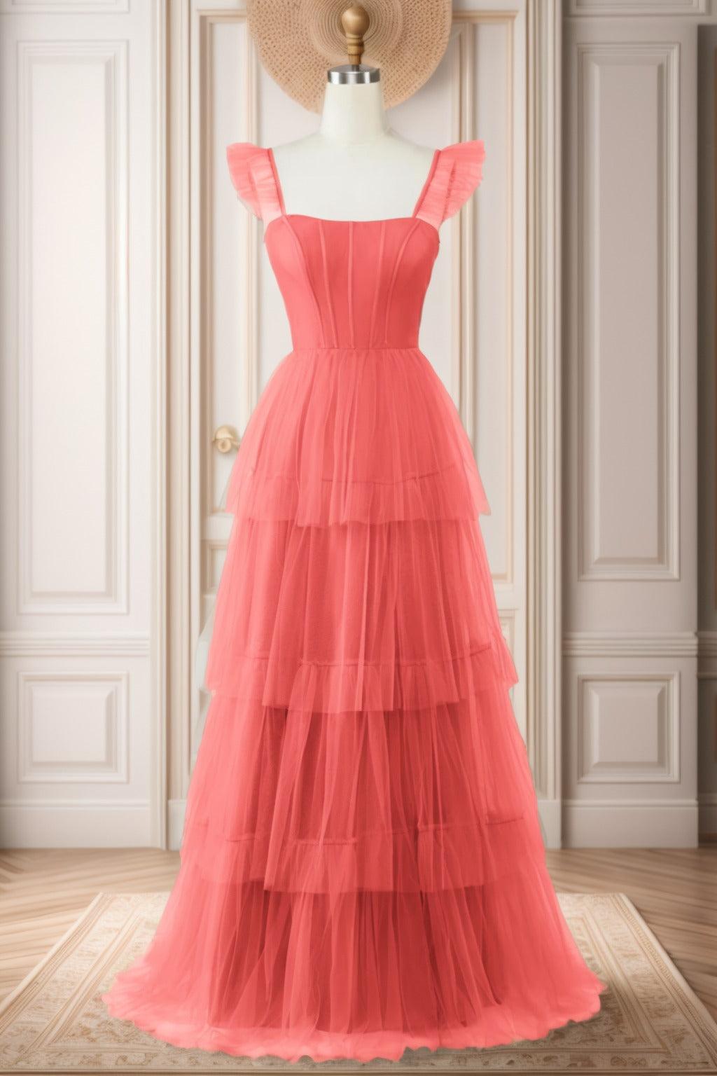 A-Line Sweep-Brush Train Tulle Prom Dress CS0471 - COCOMELODY