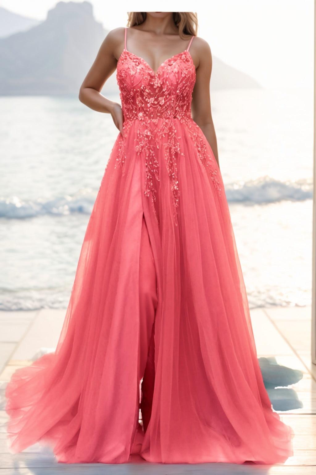 A-line Sweep-Brush Train Tulle Prom Dress CS0402 - COCOMELODY