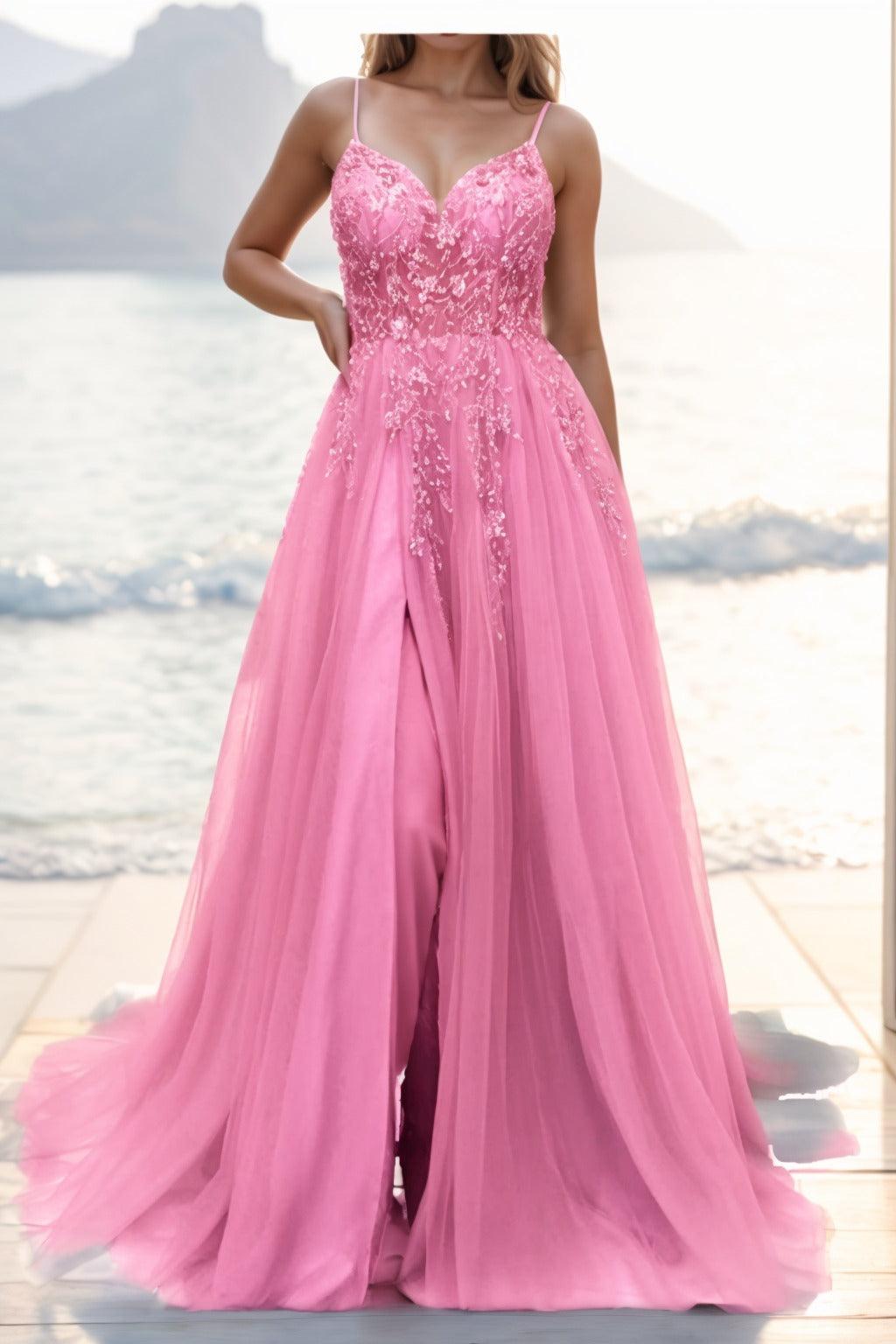 A-line Sweep-Brush Train Tulle Prom Dress CS0402 - COCOMELODY