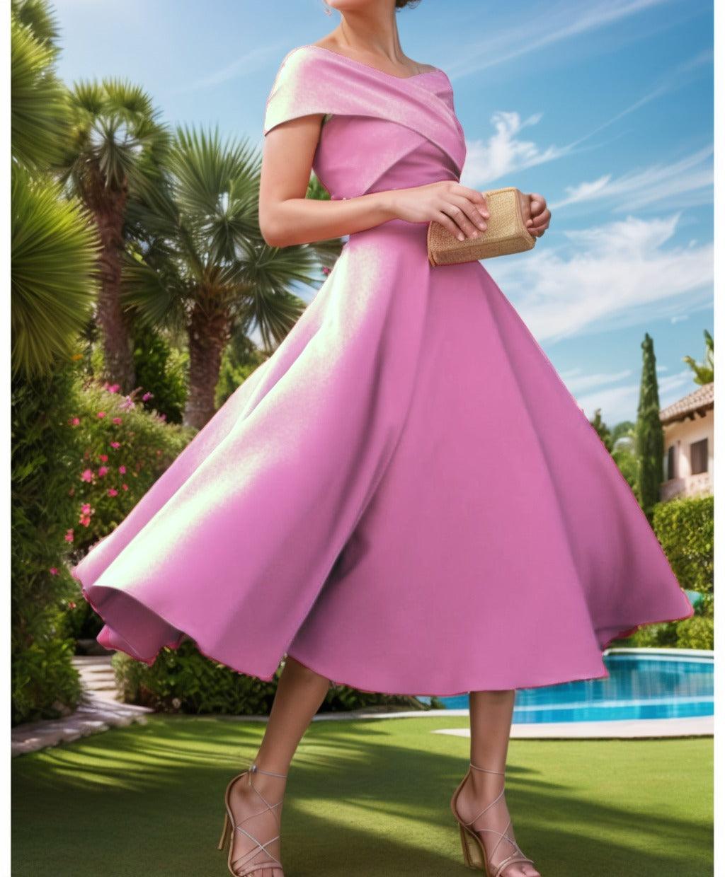 A-Line Tea Length Satin Prom Dress CS0455 - COCOMELODY