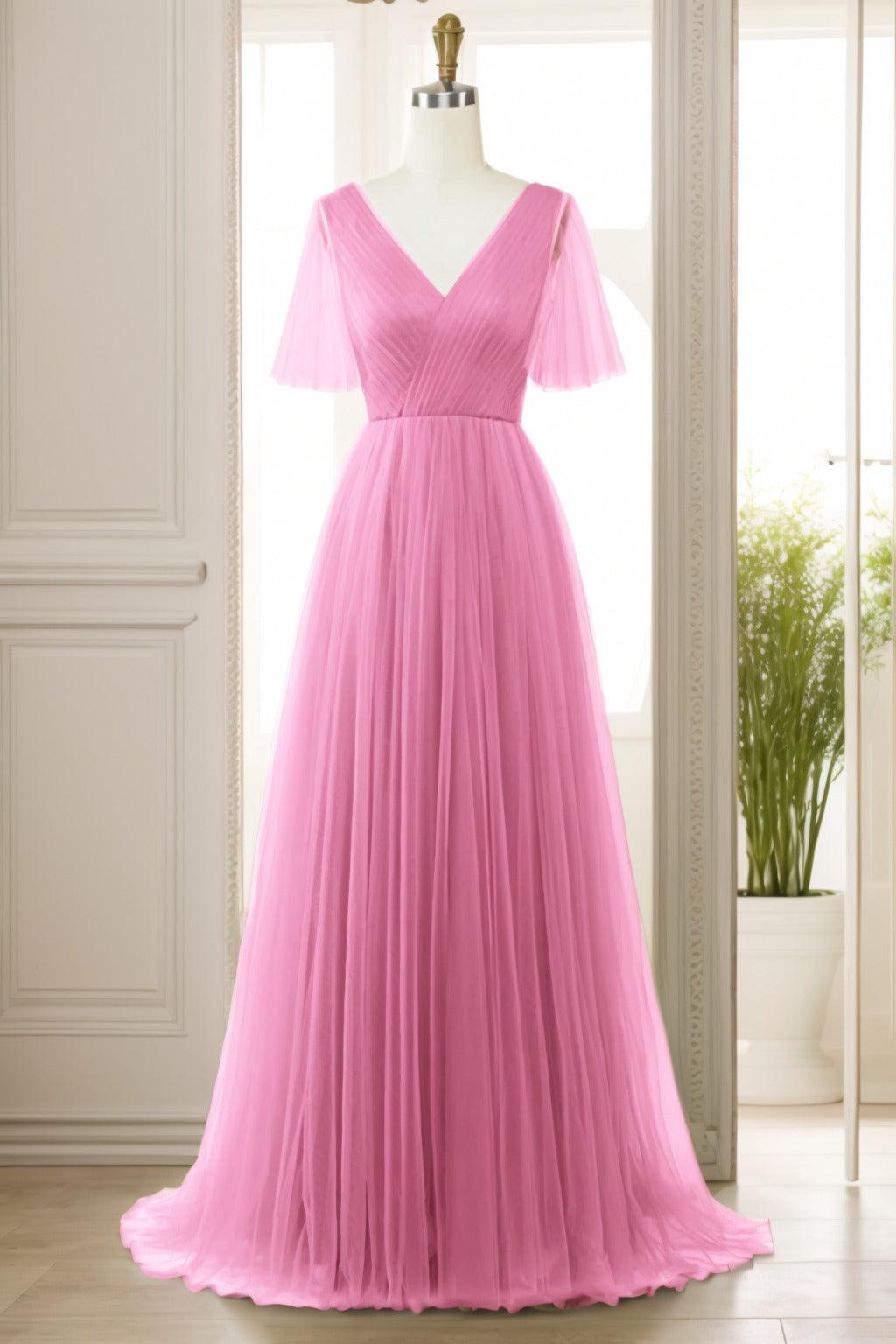 A-Line Sweep-Brush Train Tulle Prom Dress CS0472 - COCOMELODY