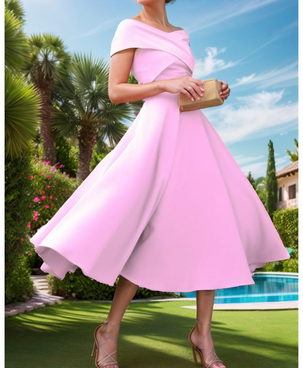 A-Line Tea Length Satin Prom Dress CS0455 - COCOMELODY