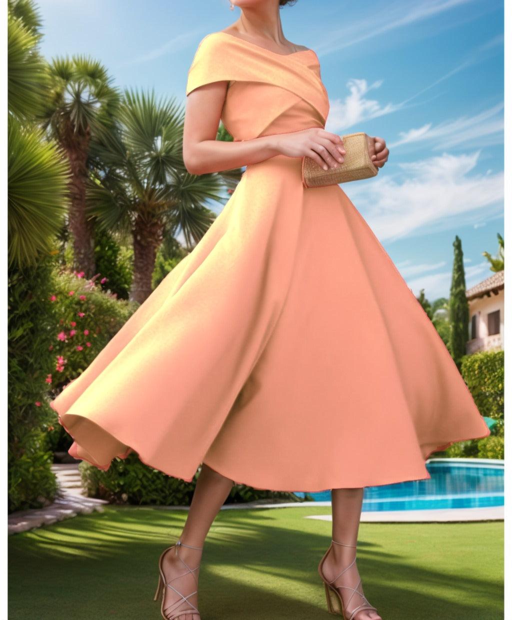 A-Line Tea Length Satin Prom Dress CS0455 - COCOMELODY