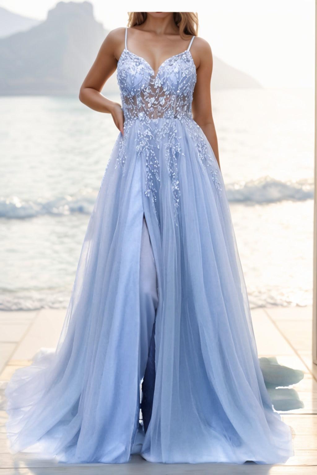 A-line Sweep-Brush Train Tulle Prom Dress CS0402 - COCOMELODY