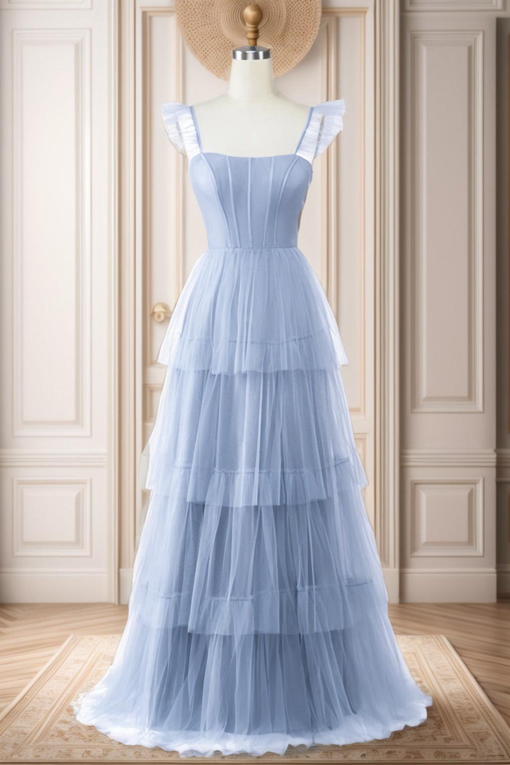 A-Line Sweep-Brush Train Tulle Prom Dress CS0471 - COCOMELODY