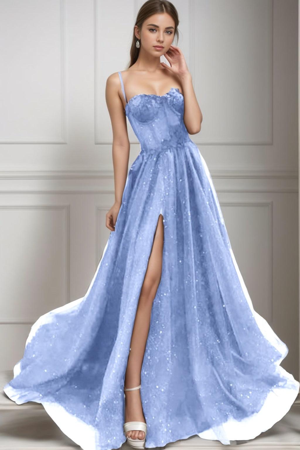 A-Line Sweep-Brush Train Tulle Prom Dress CS0439 - COCOMELODY