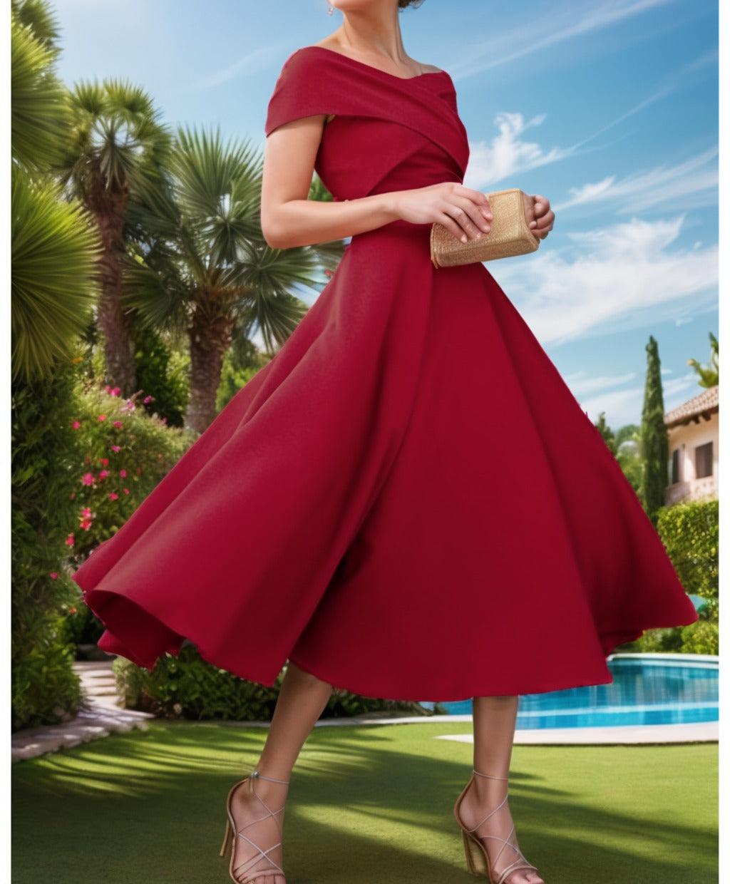 A-Line Tea Length Satin Prom Dress CS0455 - COCOMELODY