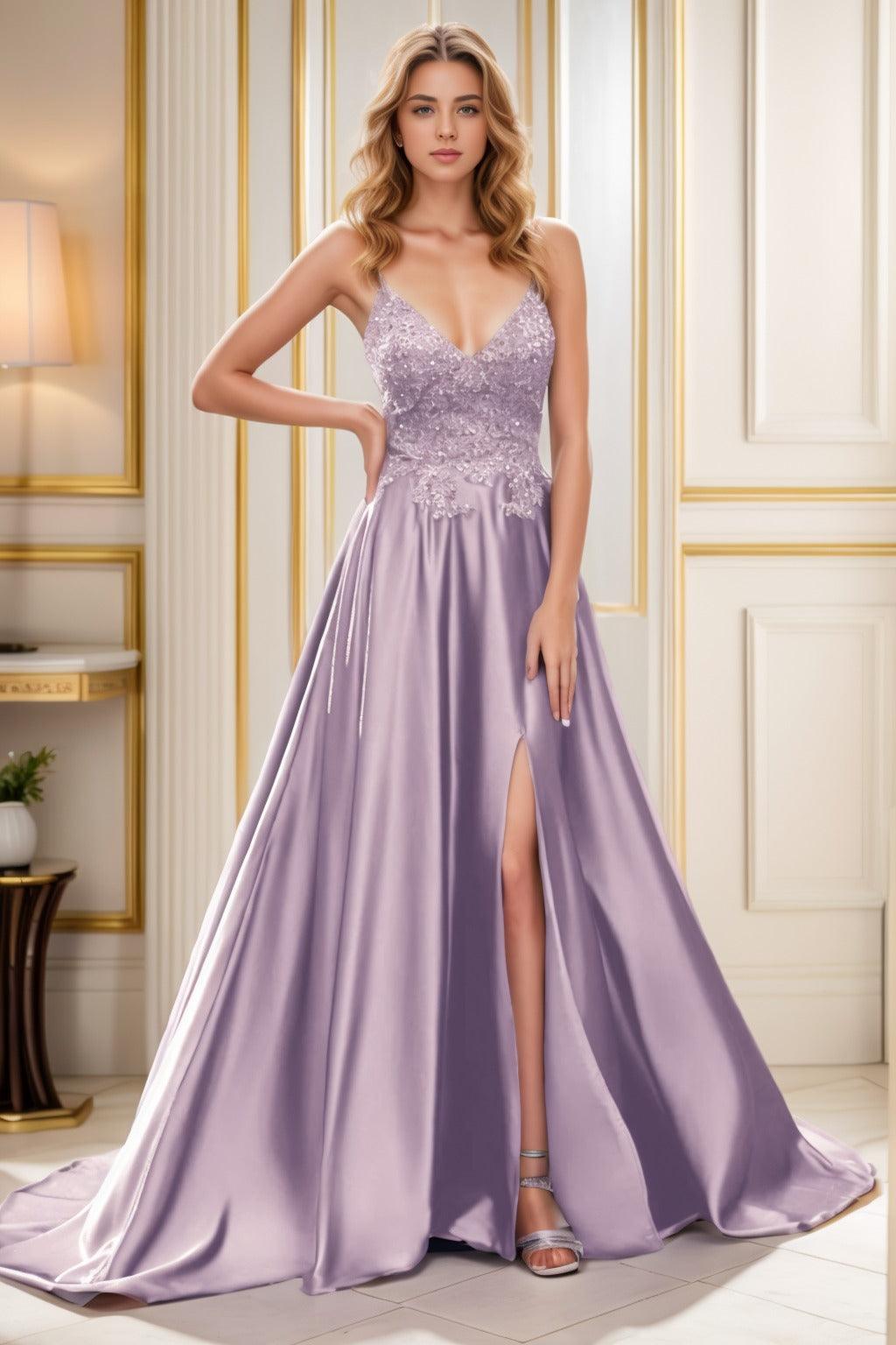 A-Line Court Train Satin Prom Dress CS0460 - COCOMELODY