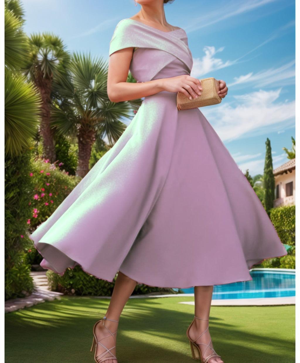 A-Line Tea Length Satin Prom Dress CS0455 - COCOMELODY