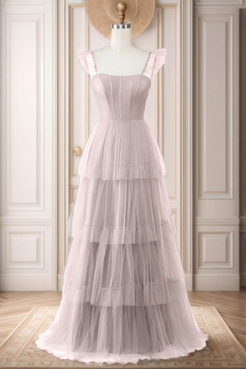 A-Line Sweep-Brush Train Tulle Prom Dress CS0471 - COCOMELODY