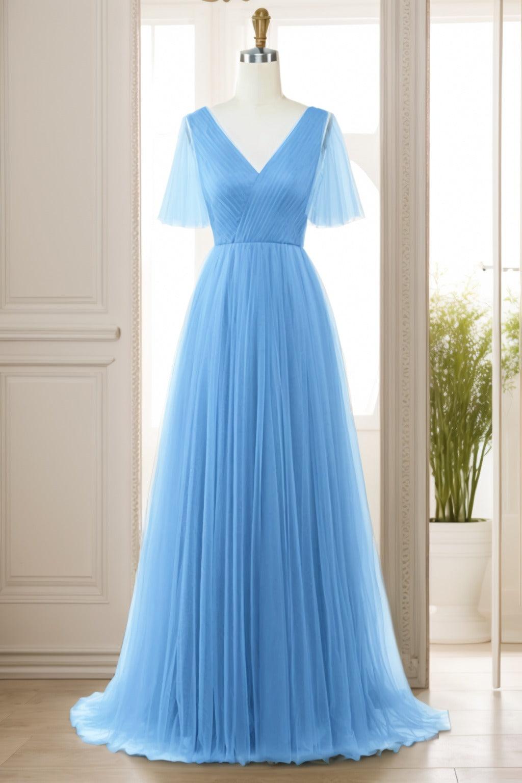 A-Line Sweep-Brush Train Tulle Prom Dress CS0472 - COCOMELODY
