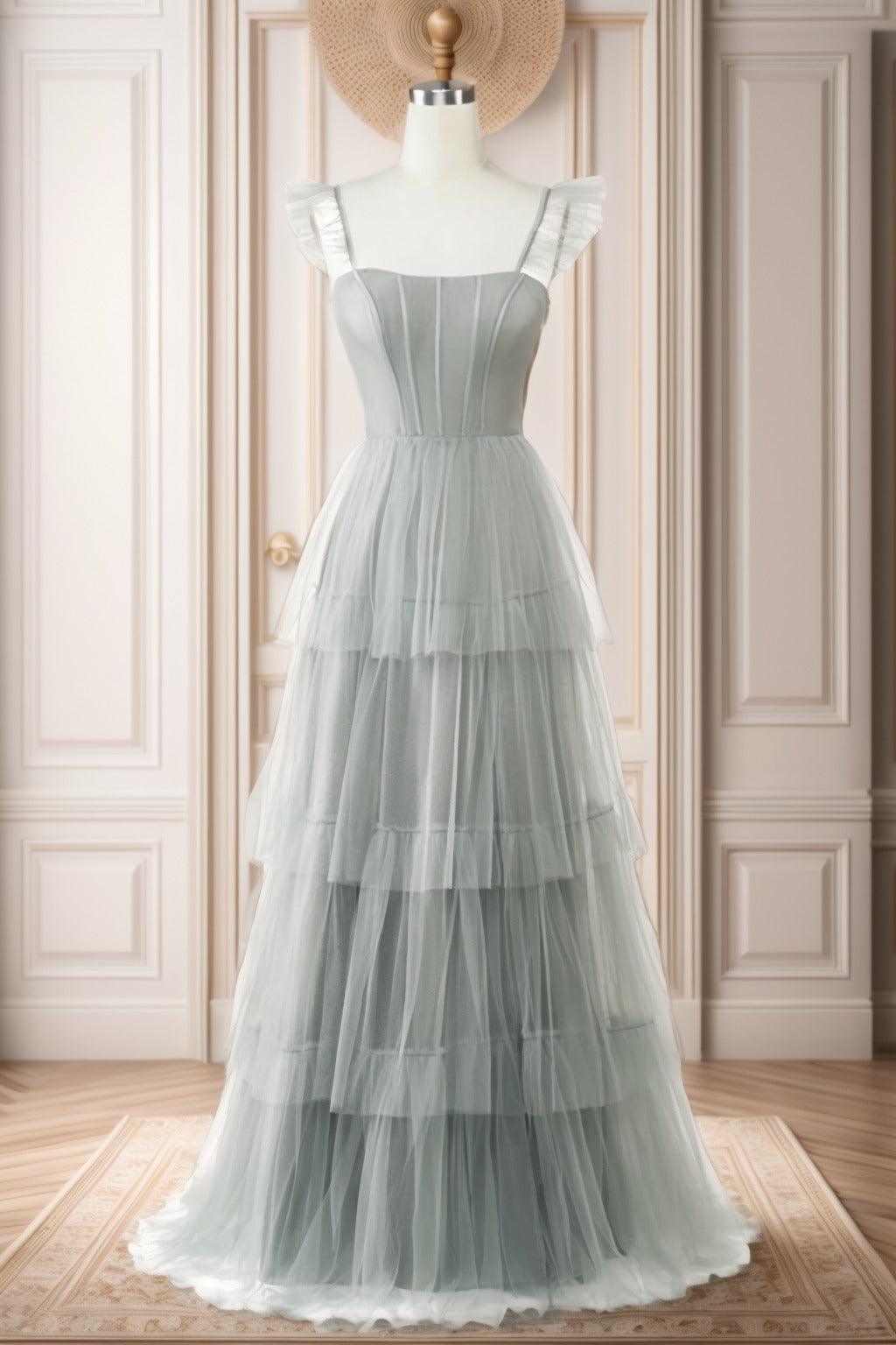 A-Line Sweep-Brush Train Tulle Prom Dress CS0471 - COCOMELODY