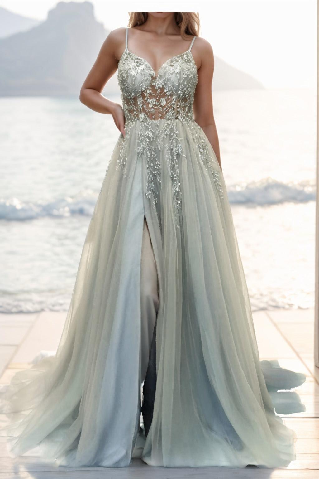 A-line Sweep-Brush Train Tulle Prom Dress CS0402 - COCOMELODY
