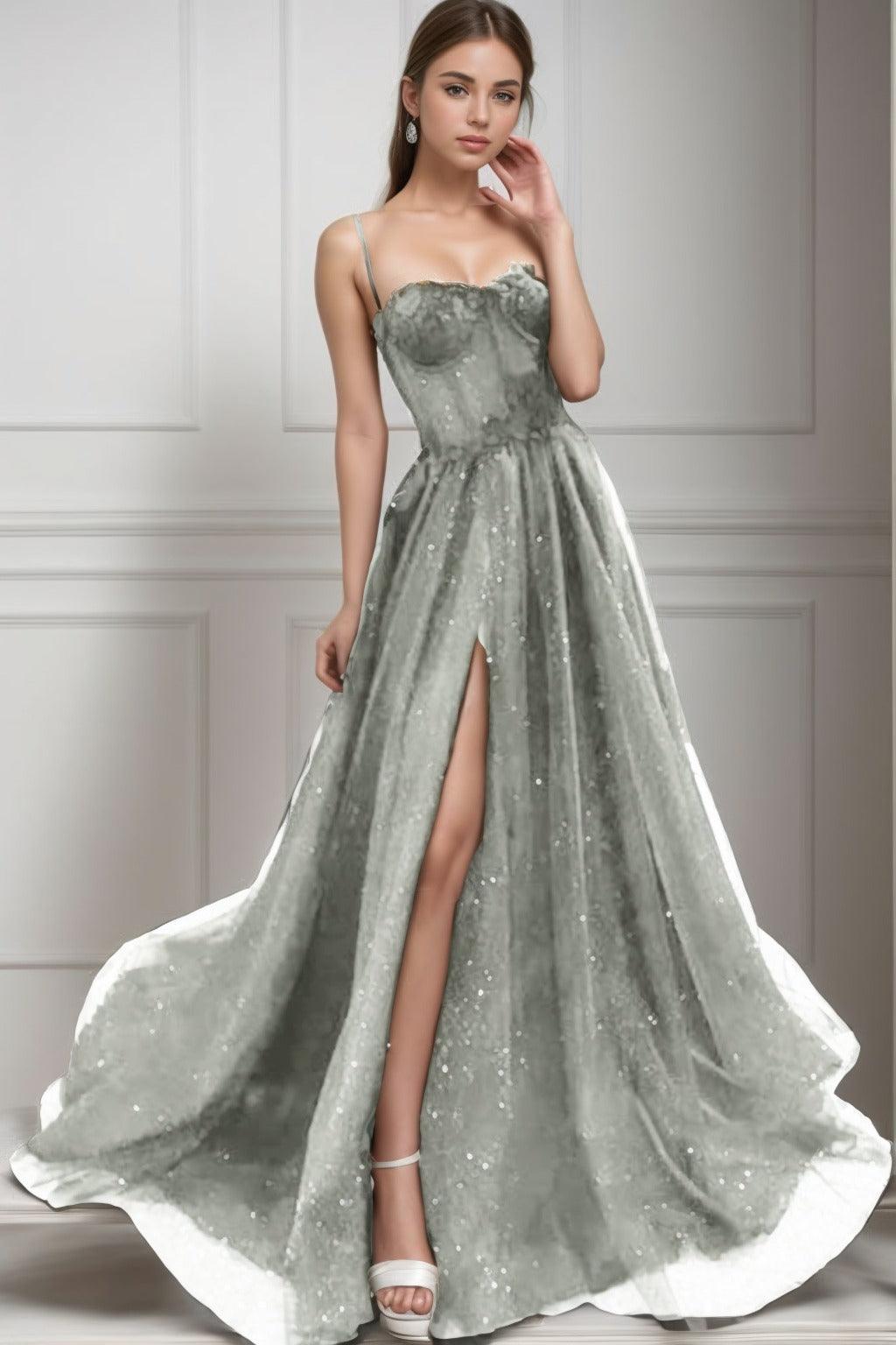 A-Line Sweep-Brush Train Tulle Prom Dress CS0439 - COCOMELODY