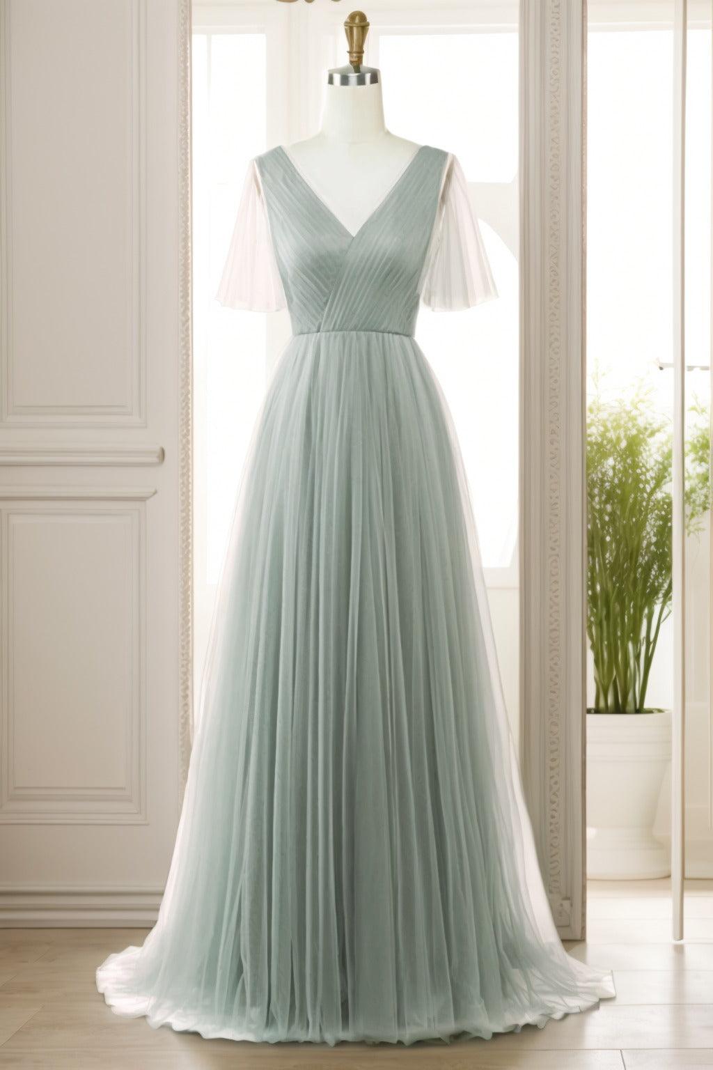 A-Line Sweep-Brush Train Tulle Prom Dress CS0472 - COCOMELODY