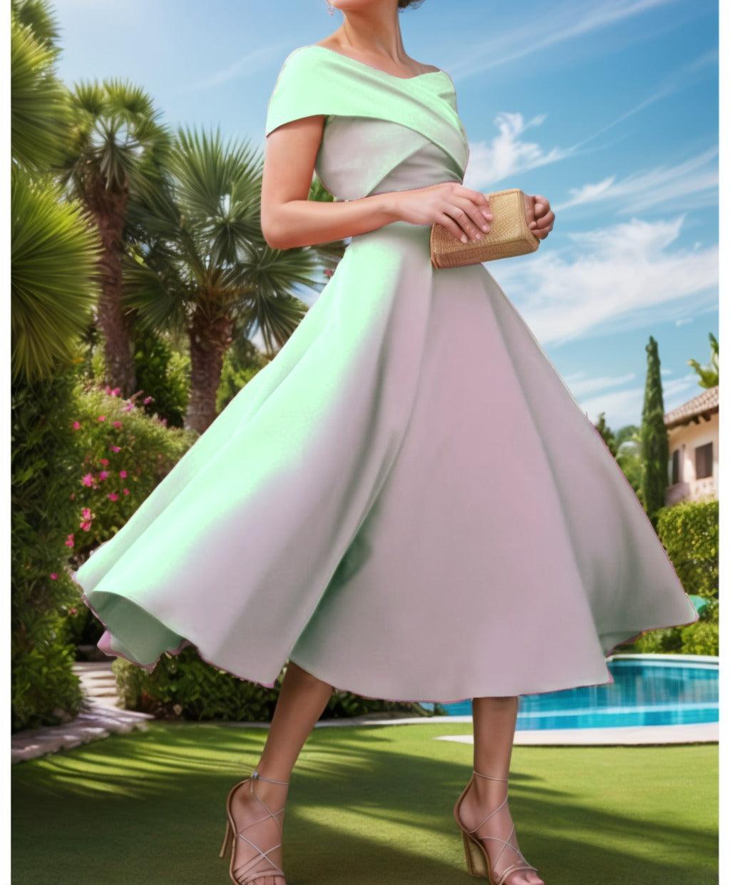 A-Line Tea Length Satin Prom Dress CS0455 - COCOMELODY