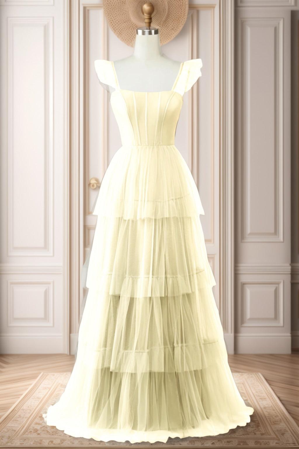 A-Line Sweep-Brush Train Tulle Prom Dress CS0471 - COCOMELODY