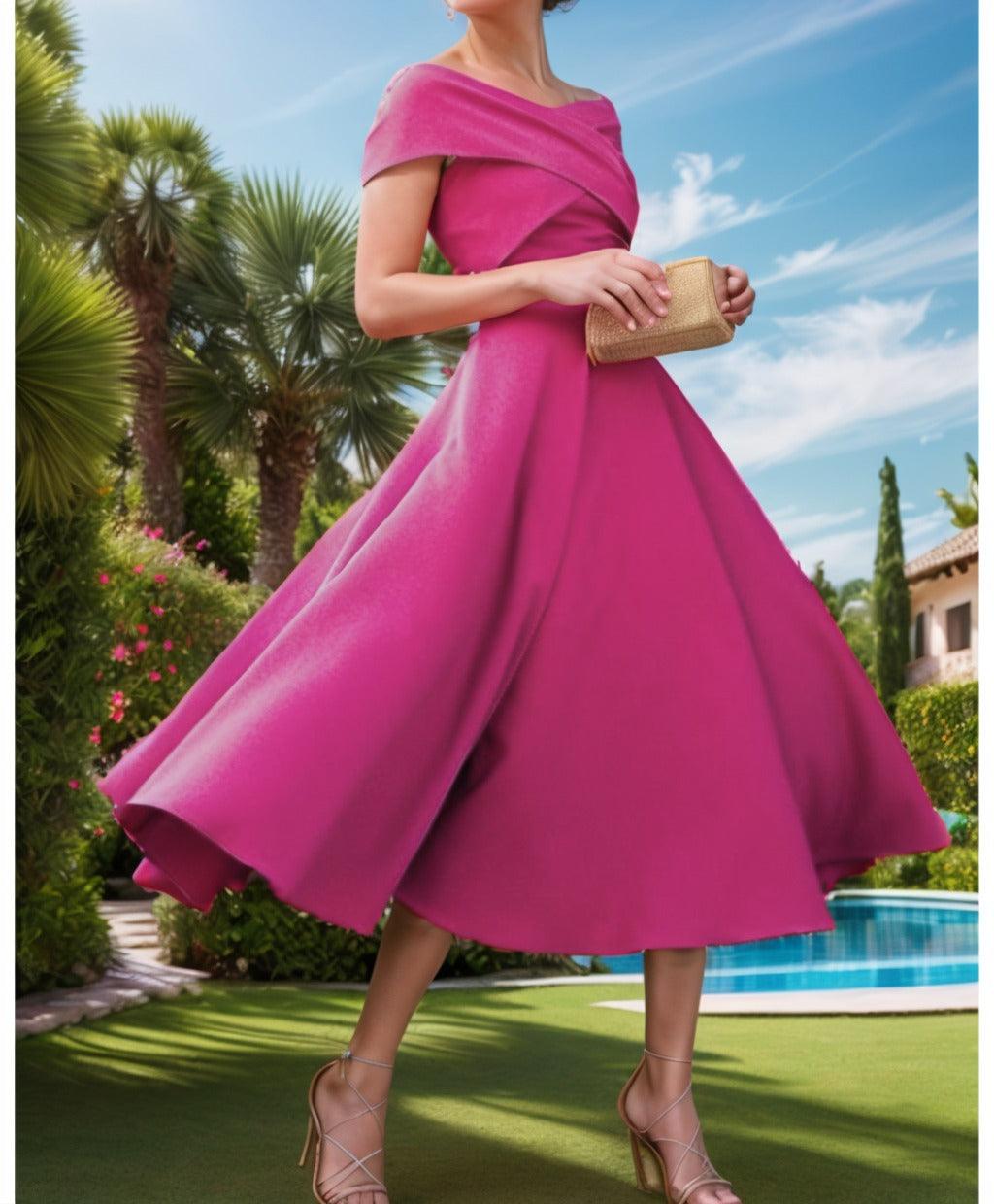A-Line Tea Length Satin Prom Dress CS0455 - COCOMELODY