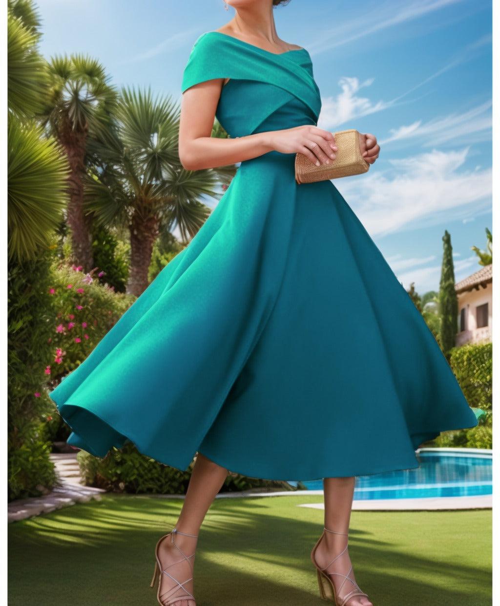 A-Line Tea Length Satin Prom Dress CS0455 - COCOMELODY