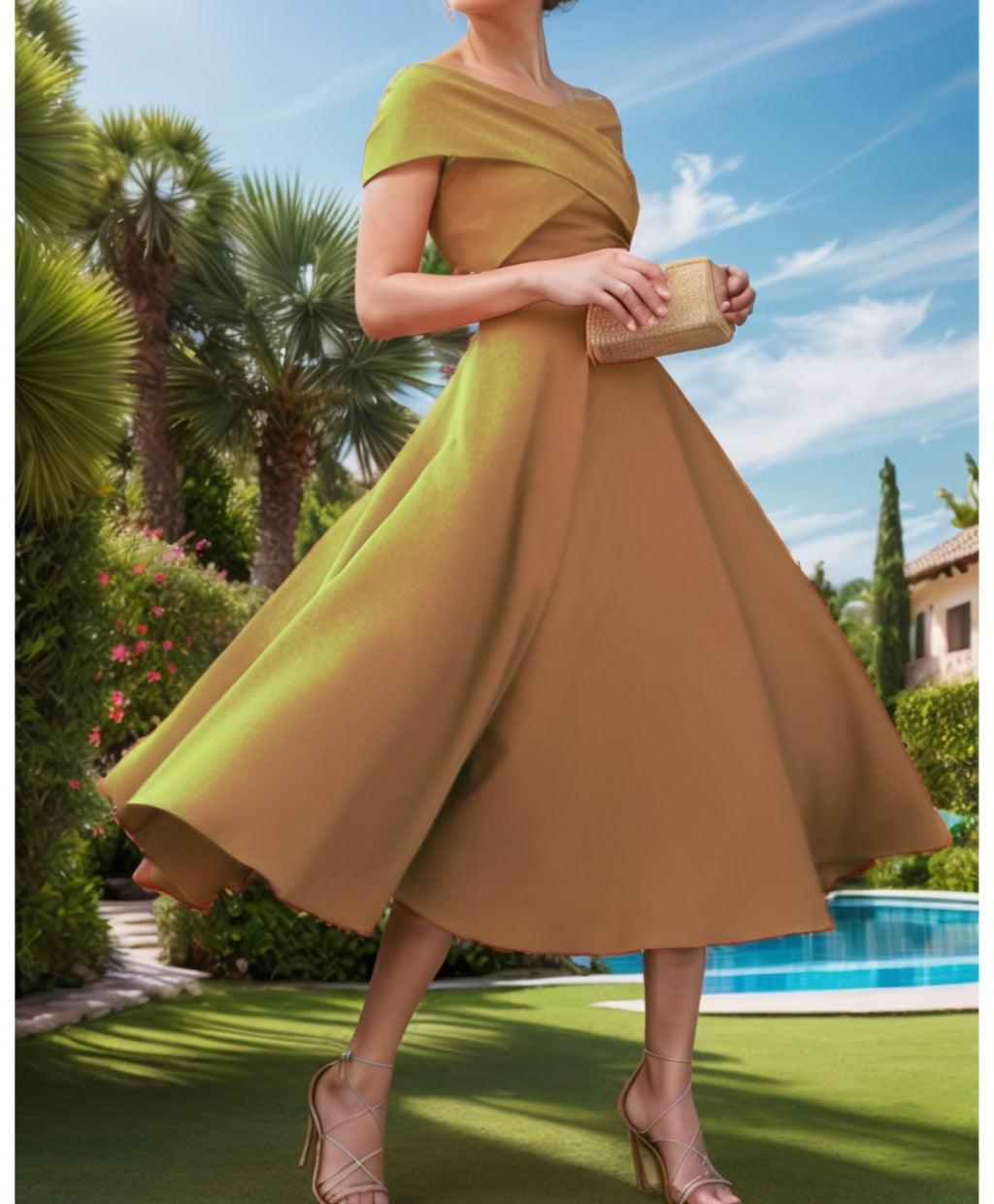 A-Line Tea Length Satin Prom Dress CS0455 - COCOMELODY