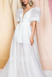 Two-Piece Sweep-Brush Train Satin Organza Little White Dress 100067 - COCOMELODY