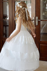 A-Line Illusion Neck Tulle Maxi Flower Girl Dresses 778034985750 - COCOMELODY