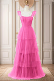 A-Line Sweep-Brush Train Tulle Prom Dress CS0471 - COCOMELODY
