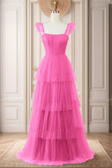 A-Line Sweep-Brush Train Tulle Prom Dress CS0471 - COCOMELODY