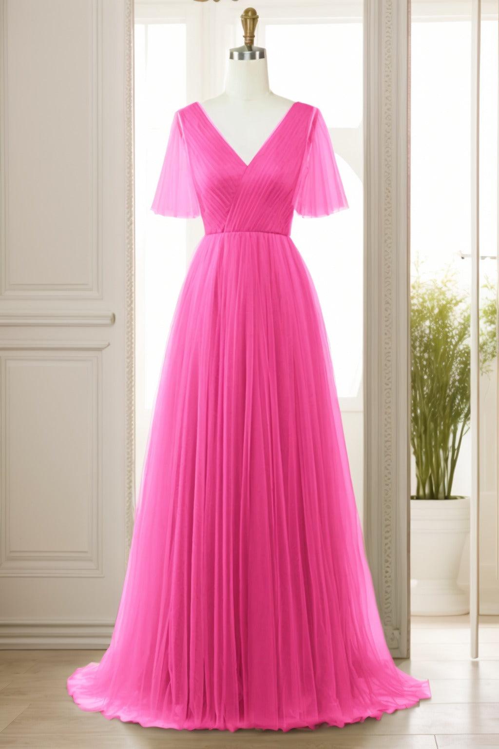 A-Line Sweep-Brush Train Tulle Prom Dress CS0472 - COCOMELODY