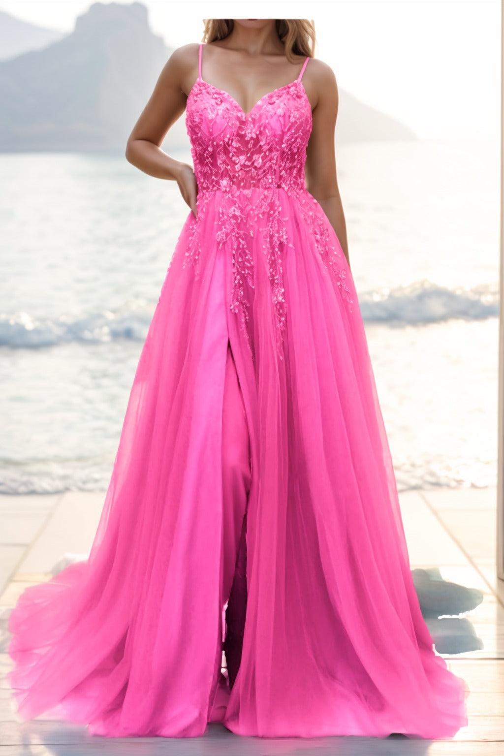 A-line Sweep-Brush Train Tulle Prom Dress CS0402 - COCOMELODY