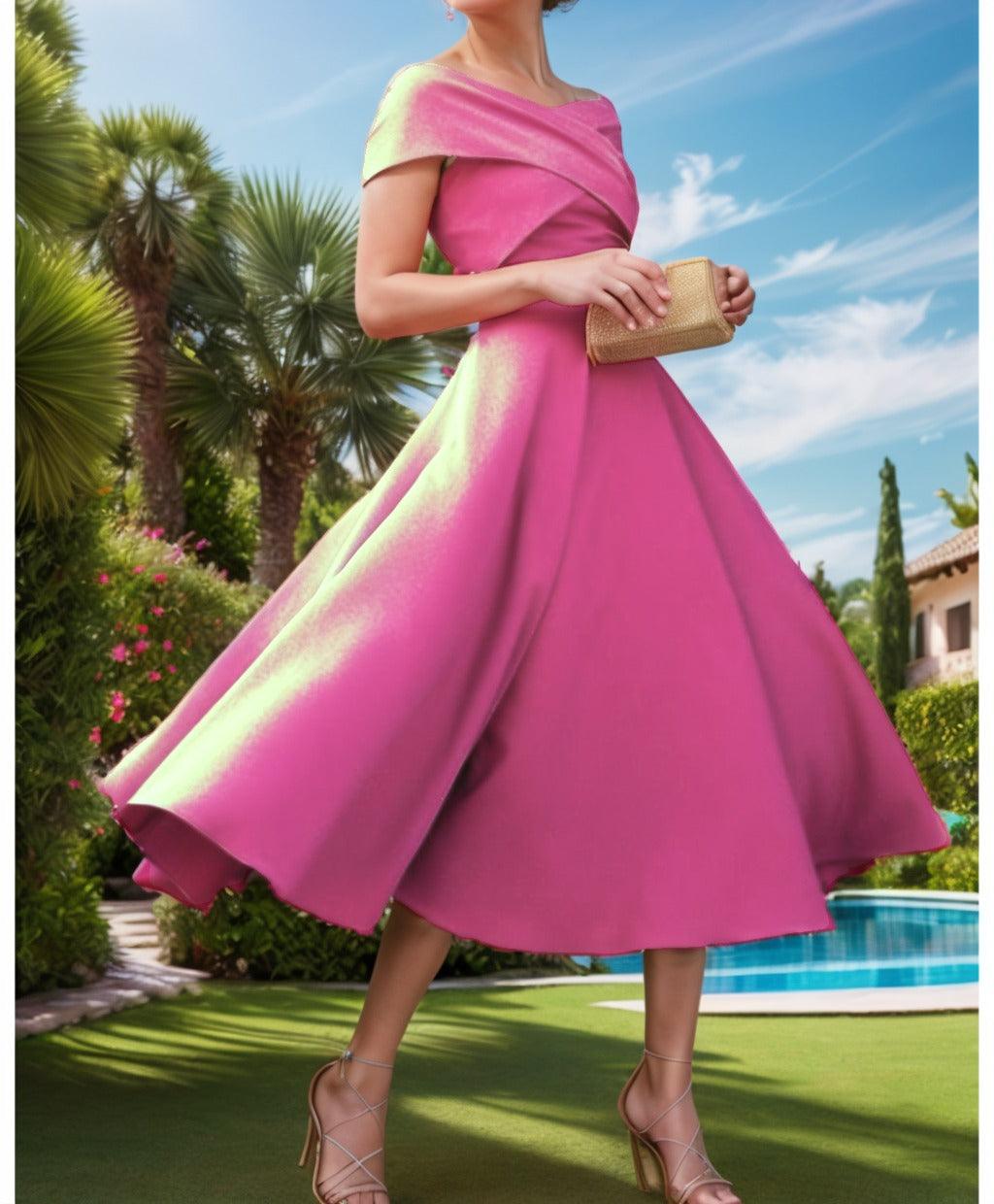 A-Line Tea Length Satin Prom Dress CS0455 - COCOMELODY