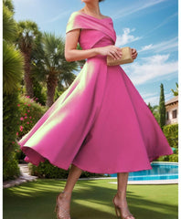 A-Line Tea Length Satin Prom Dress CS0455 - COCOMELODY
