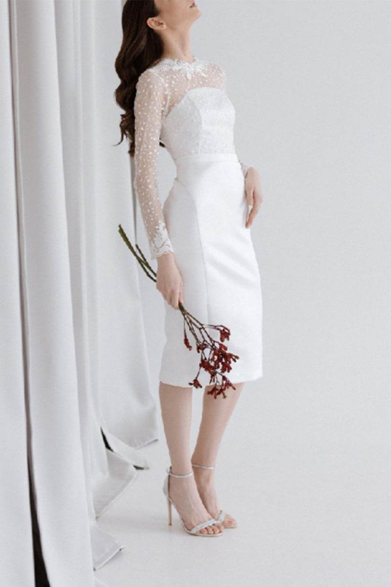 Sheath-Column Tea Length Lace Satin Little White Dress 100002 - COCOMELODY