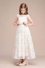 A-Line Scoop Neck Cap Sleeve Midi Lace Flower Girl Dresses 728805443986 - COCOMELODY