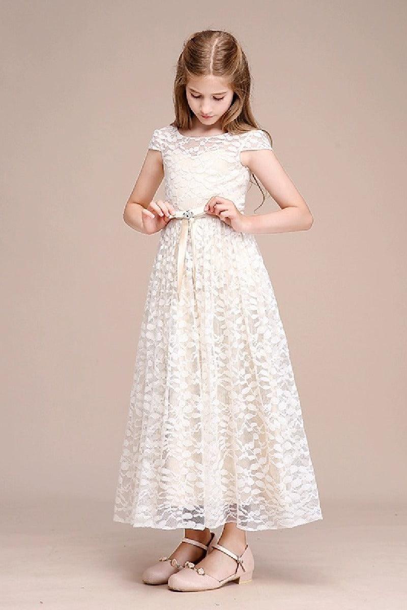 A-Line Scoop Neck Cap Sleeve Midi Lace Flower Girl Dresses 728805443986 - COCOMELODY
