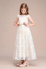 A-Line Scoop Neck Cap Sleeve Midi Lace Flower Girl Dresses 728805443986 - COCOMELODY