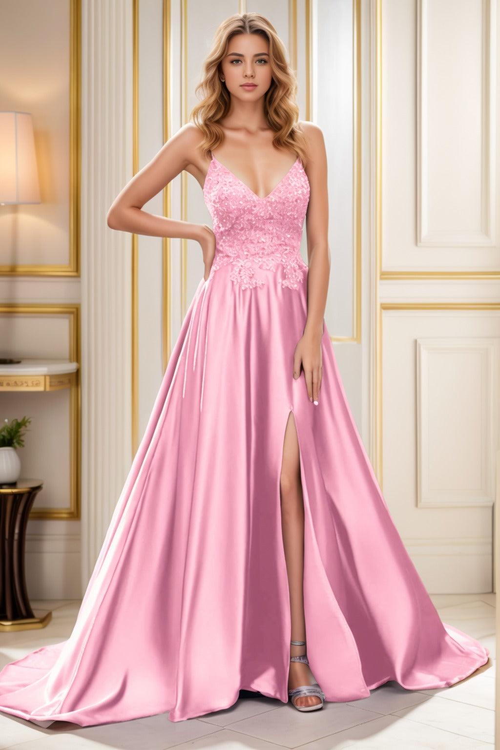 A-Line Court Train Satin Prom Dress CS0460 - COCOMELODY