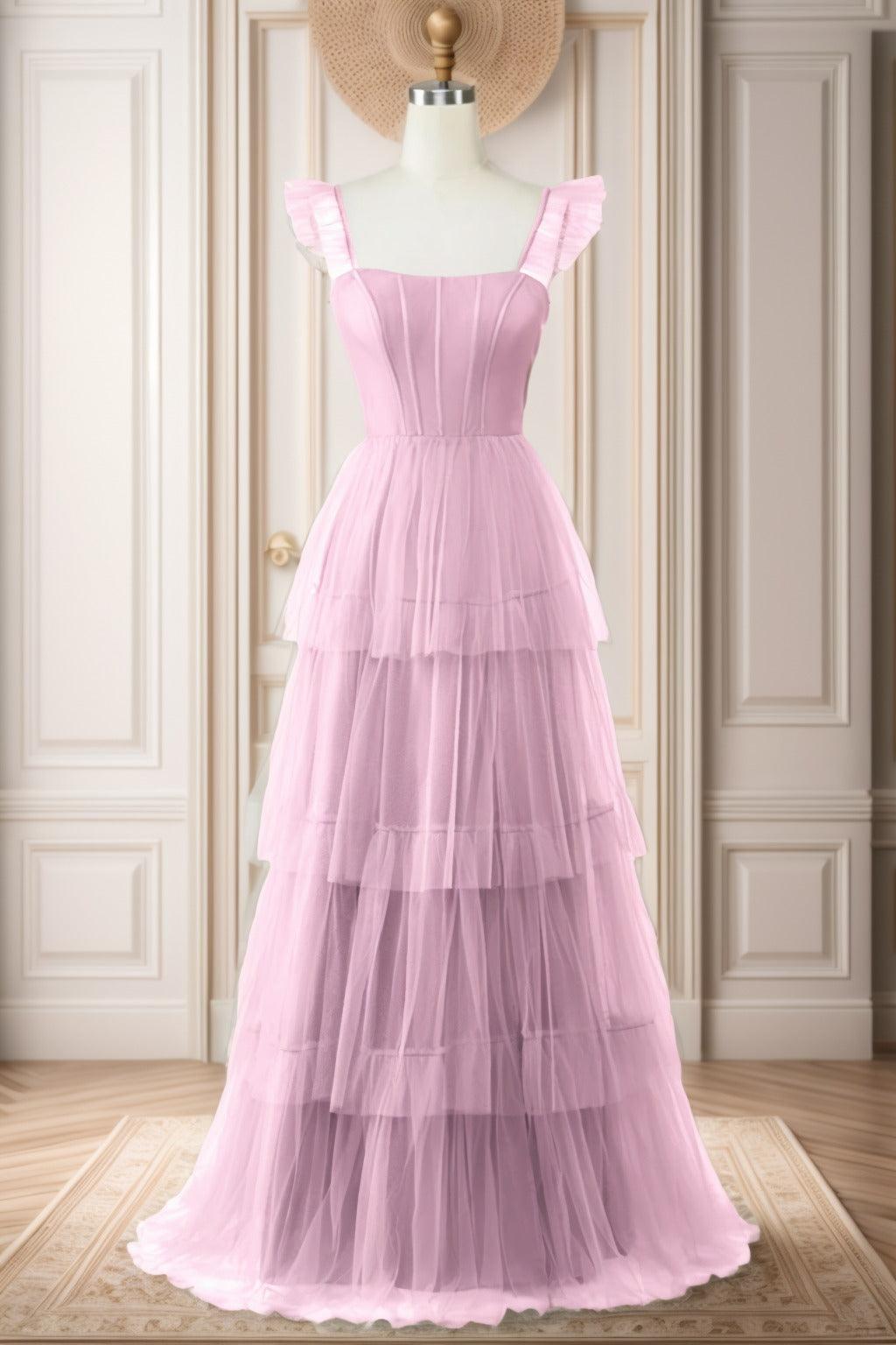 A-Line Sweep-Brush Train Tulle Prom Dress CS0471 - COCOMELODY