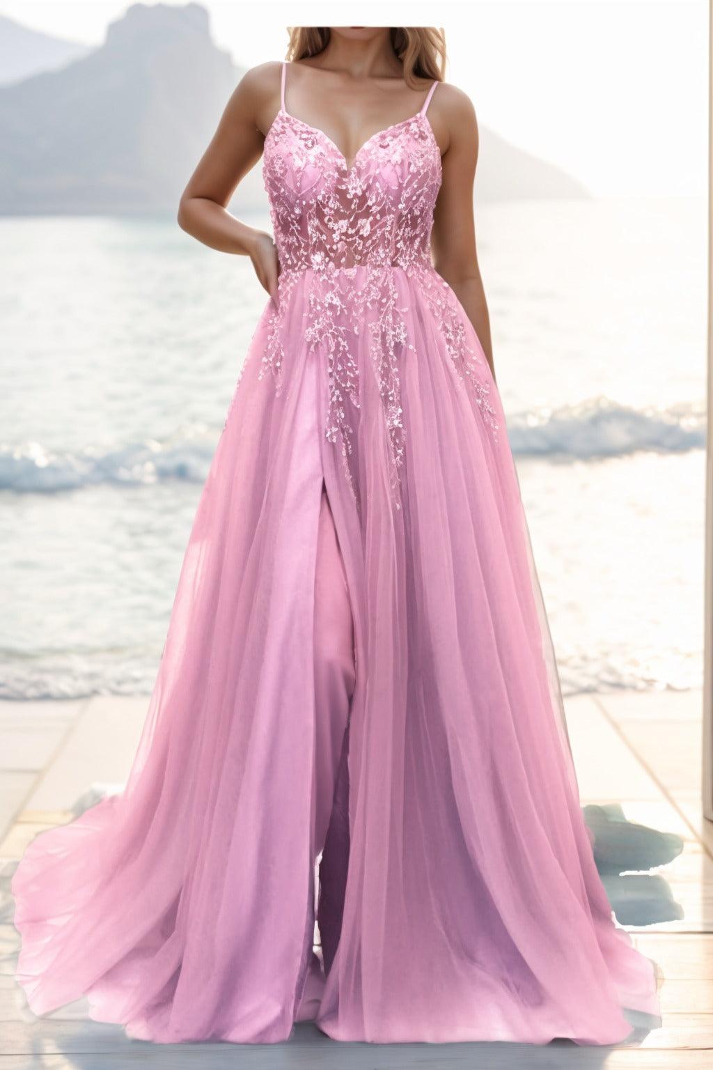 A-line Sweep-Brush Train Tulle Prom Dress CS0402 - COCOMELODY