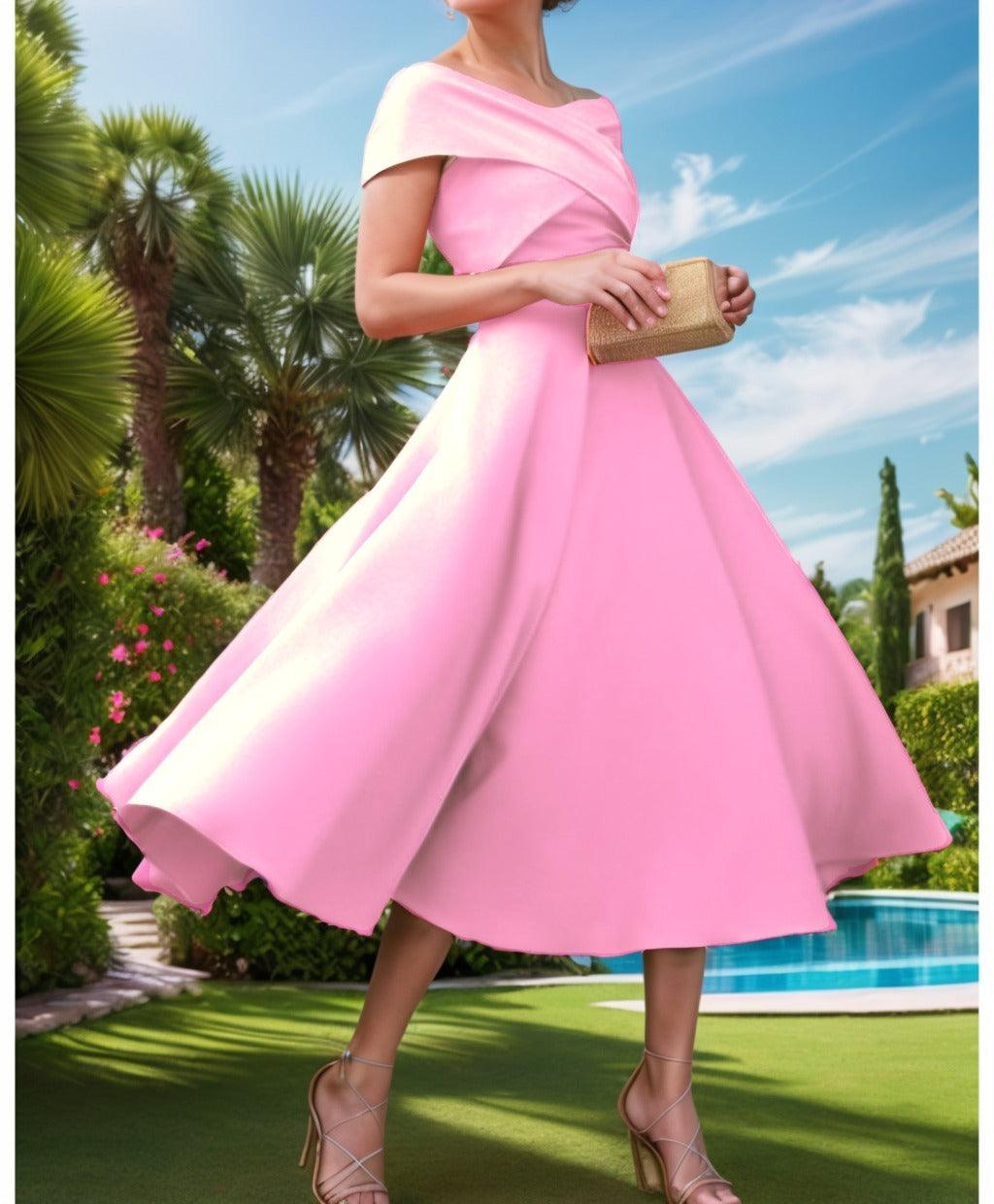 A-Line Tea Length Satin Prom Dress CS0455 - COCOMELODY