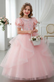 A-Line Round Neck Puff Short Sleeve Ruffled Tulle Floor-Length Flower Girl Dresses 1048500986721
