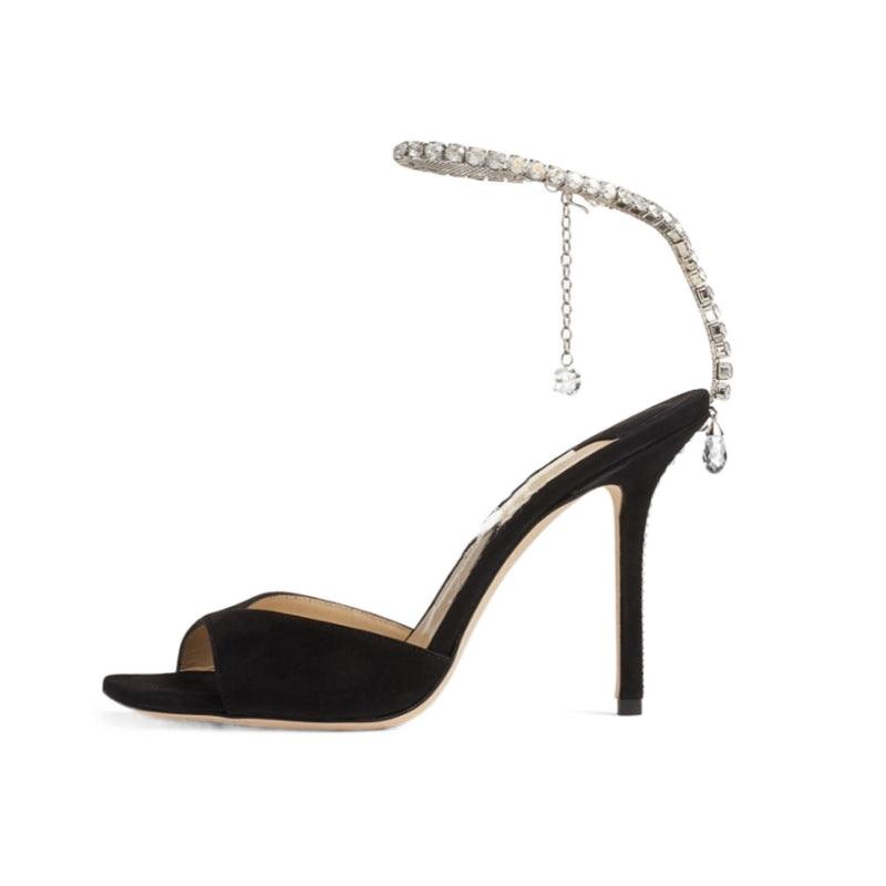 Glitter and Rhinestone Ankle Strap Square Stiletto Heels 695399992506 - COCOMELODY
